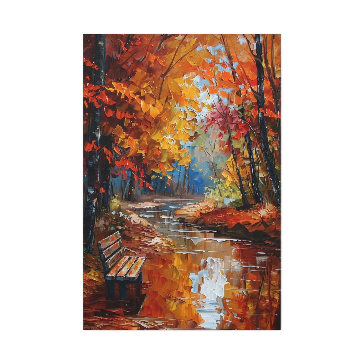 Bench Near Countryside River in Autumn - Leonid Afremov Style Digital Oil Painting Canvas Gallery Wraps