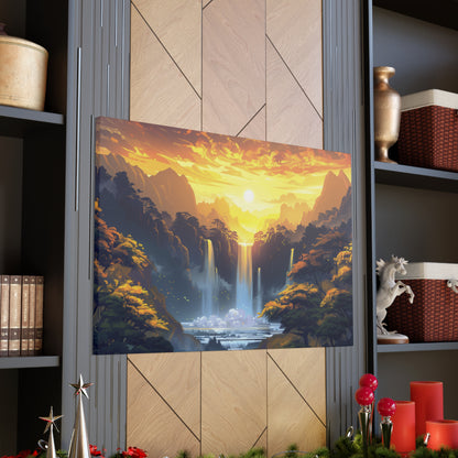 Dreamy Landscape - Waterfall and Mountains in Golden Morning Illustration Canvas Gallery Wraps