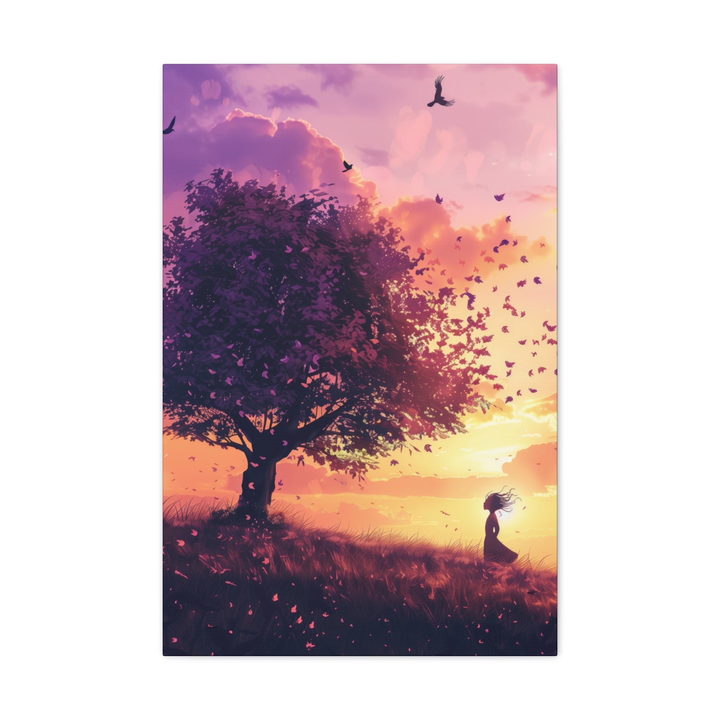 Tree in a Purple Sunset Digital Illustration Canvas Gallery Wraps