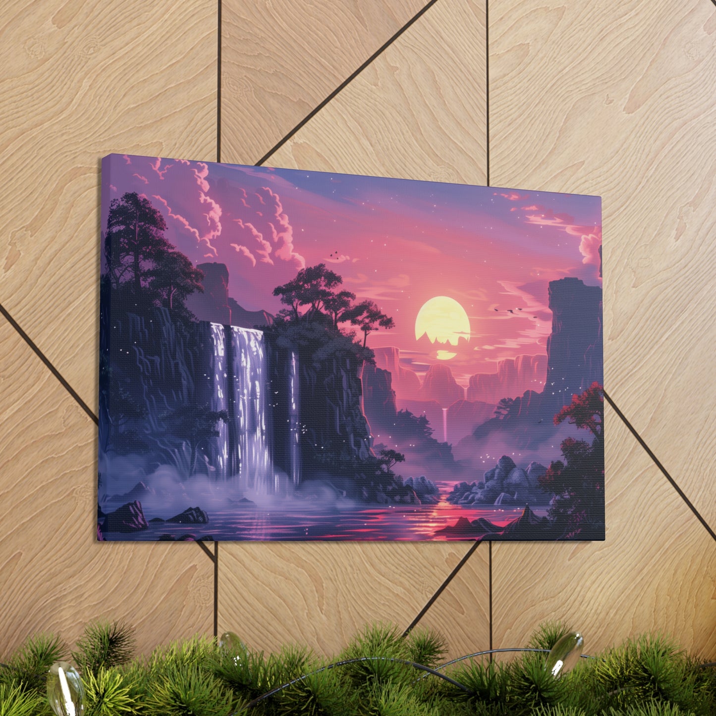 Dreamy Landscape with Waterfall and Mountains - Purple Evening Digital Illustration Canvas Gallery Wraps