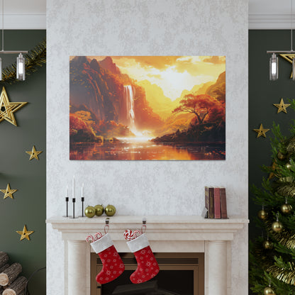 Dreamy Landscape Sunset with Waterfall and Mountains - Digital Illustration Canvas Gallery Wraps