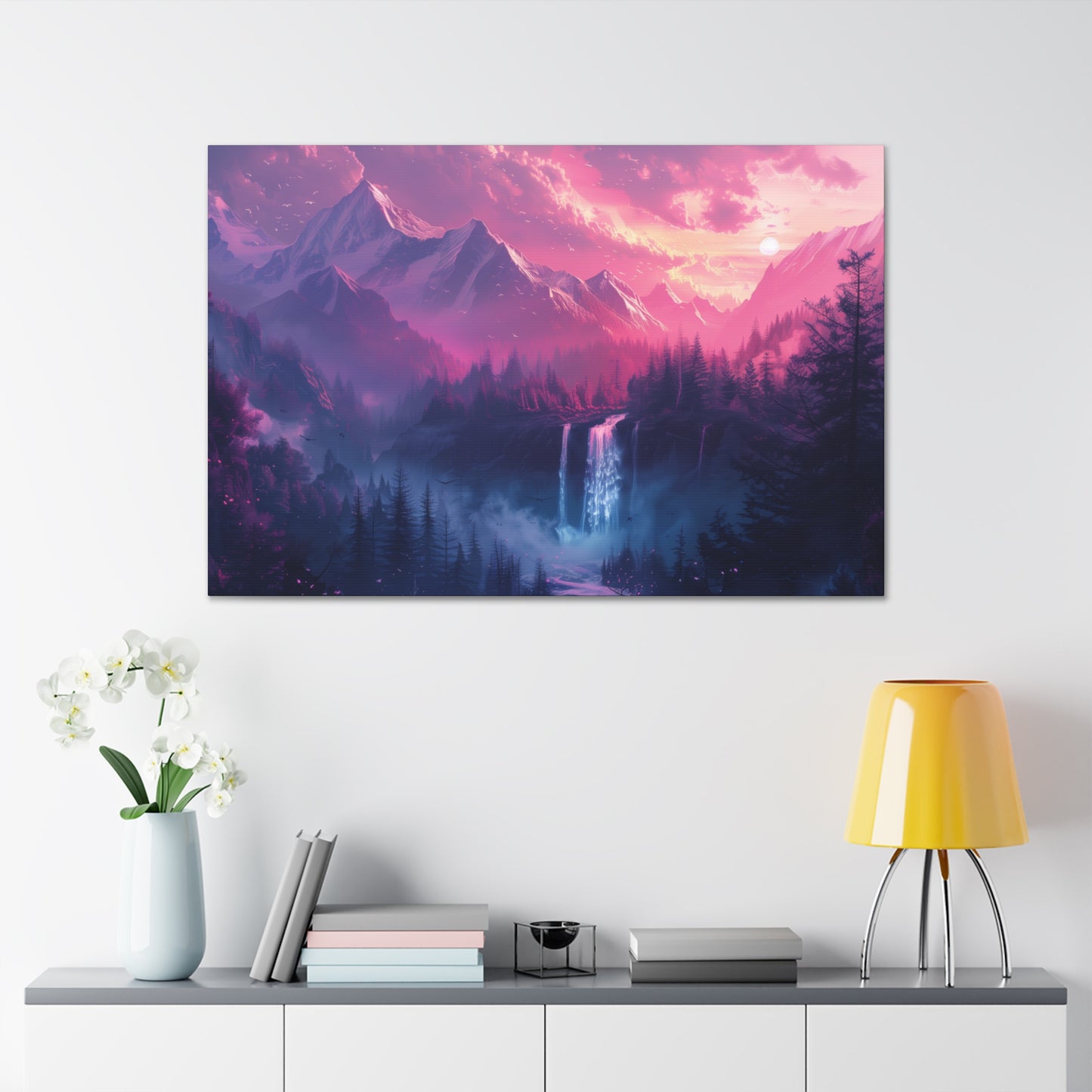 Dreamy Landscape Sunset with Waterfall and Mountains - Digital Illustration Canvas Gallery Wraps