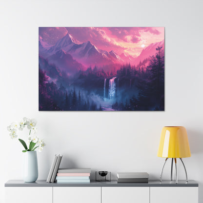 Dreamy Landscape Sunset with Waterfall and Mountains - Digital Illustration Canvas Gallery Wraps