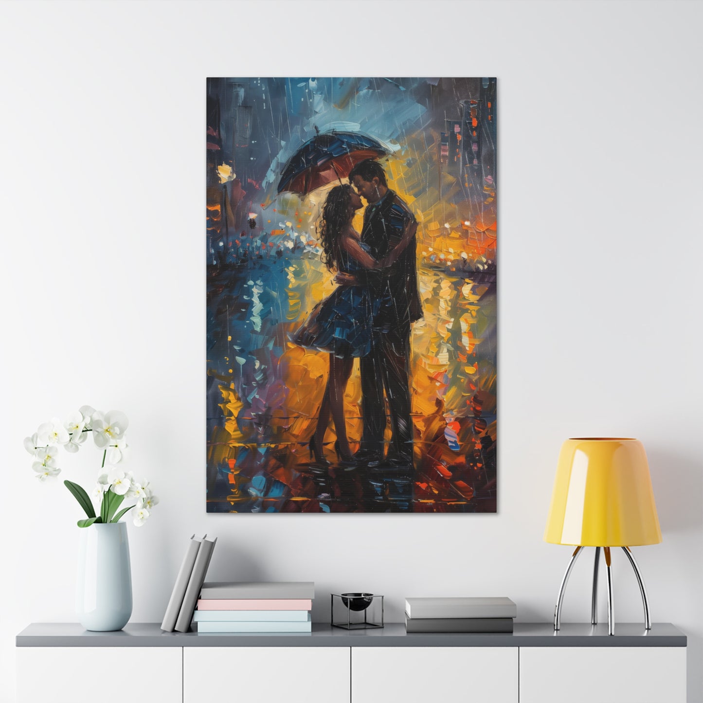 couple in the city streets in a rainy day with umbrella - Leonid Afremov Style Digital Print Canvas Gallery Wraps