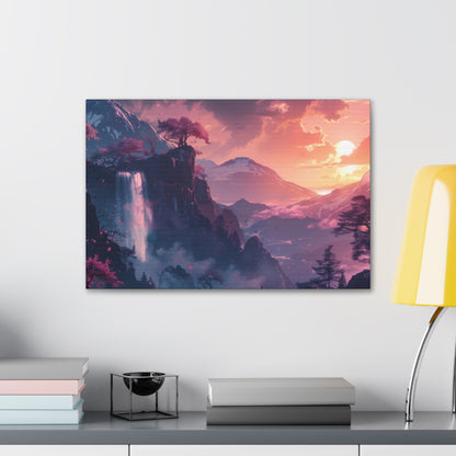 Dreamy Landscape with Waterfall and Mountains - Purple Evening Digital Illustration Canvas Gallery Wraps