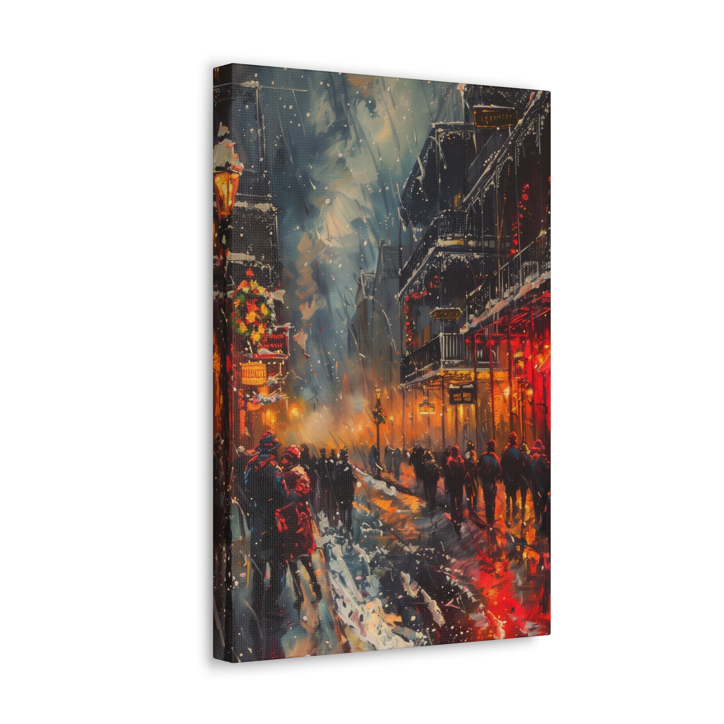 Christmas Street Corner with People in Downtown - Rembrandt Style Digital Oil Painting Canvas Gallery Wraps