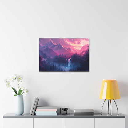 Dreamy Landscape Sunset with Waterfall and Mountains - Digital Illustration Canvas Gallery Wraps