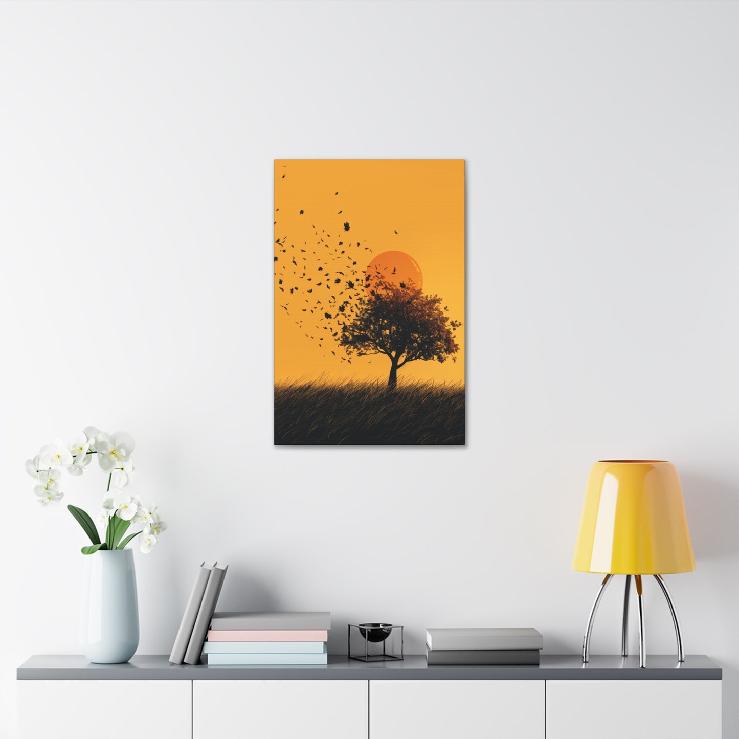 Leafless Tree in a Golden Sunset Digital Illustration Canvas Gallery Wraps