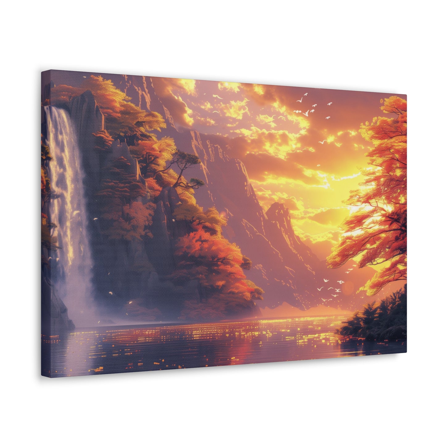 Dreamy Landscape - Waterfall and Mountains in Golden Morning Illustration Canvas Gallery Wraps