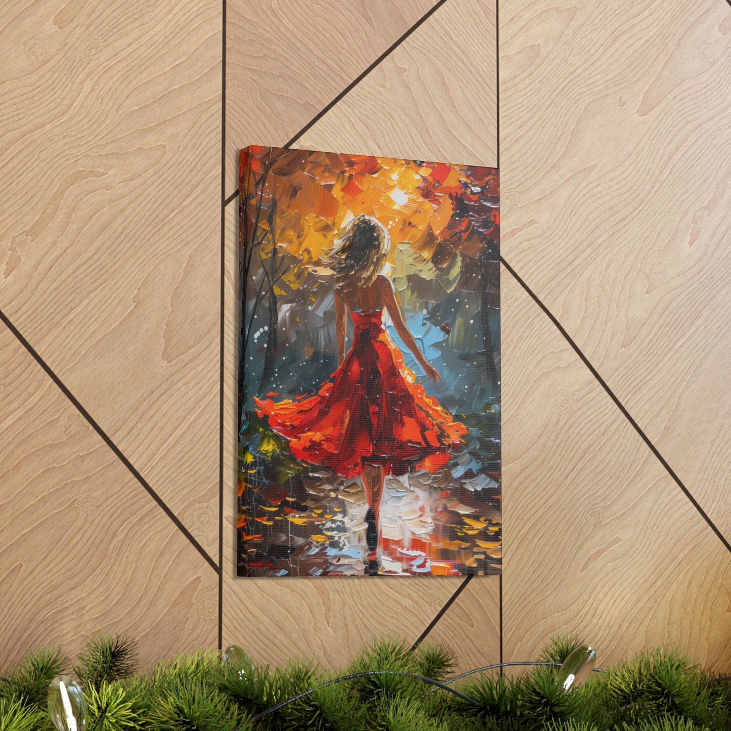 a girl in red dress walking through forest - Leonid Afremov Style Digital Print Canvas Gallery Wraps