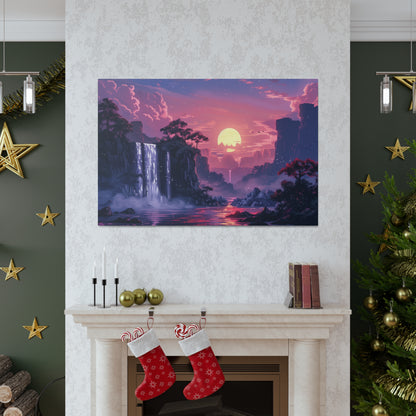 Dreamy Landscape with Waterfall and Mountains - Purple Evening Digital Illustration Canvas Gallery Wraps