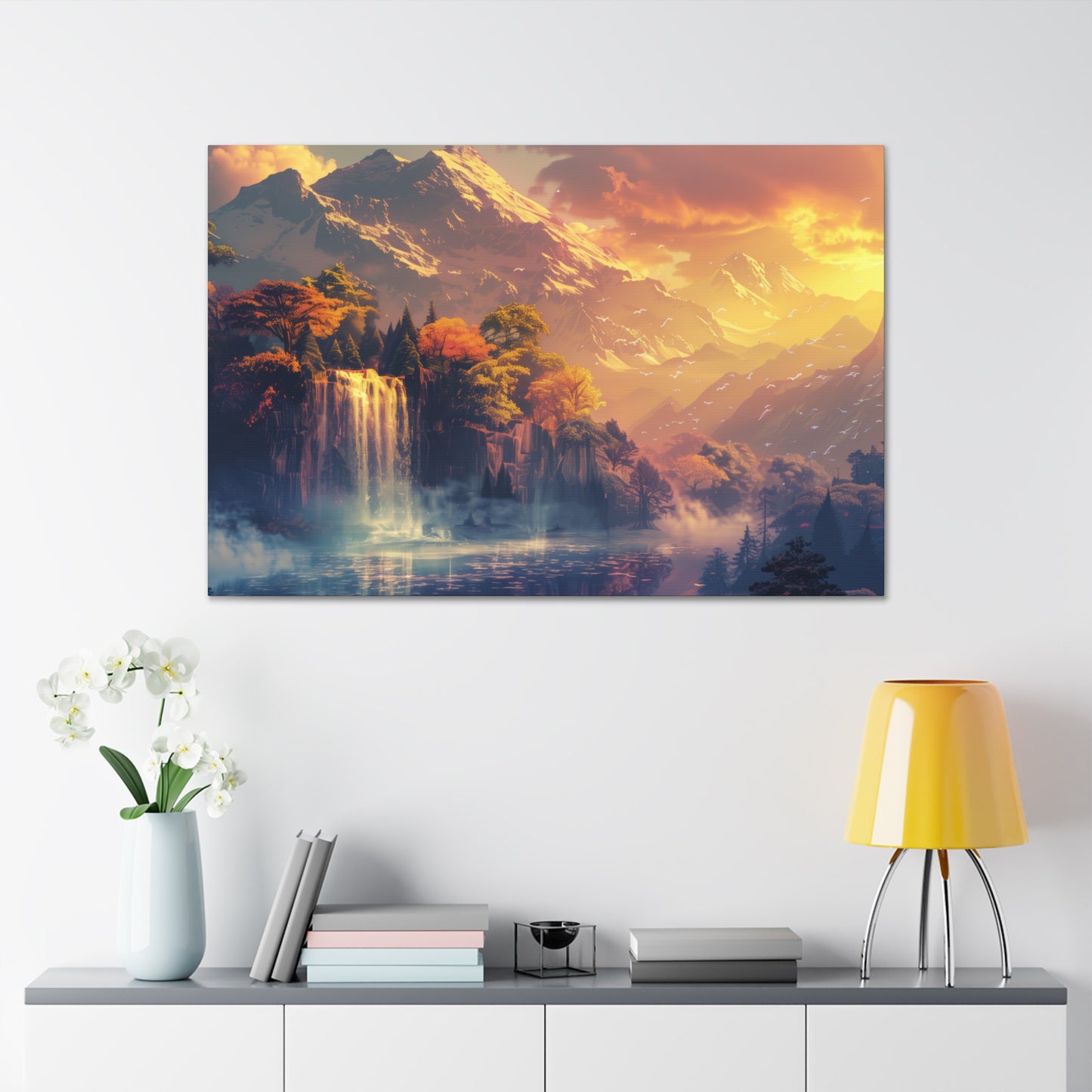 Dreamy Landscape Sunset with Waterfall and Mountains - Digital Illustration Canvas Gallery Wraps