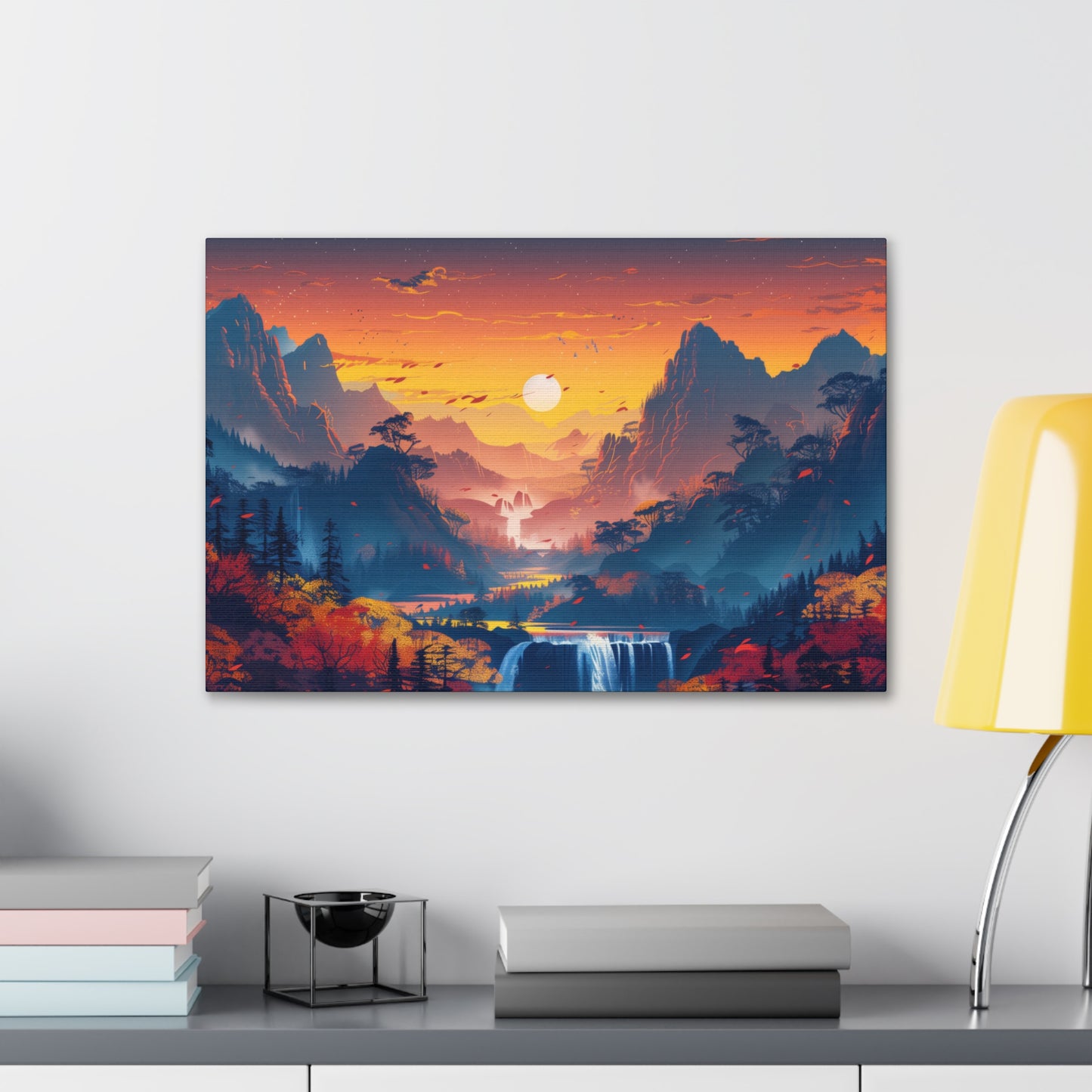 Dreamy Landscape Sunset with Waterfall and Mountains - Digital Illustration Canvas Gallery Wraps