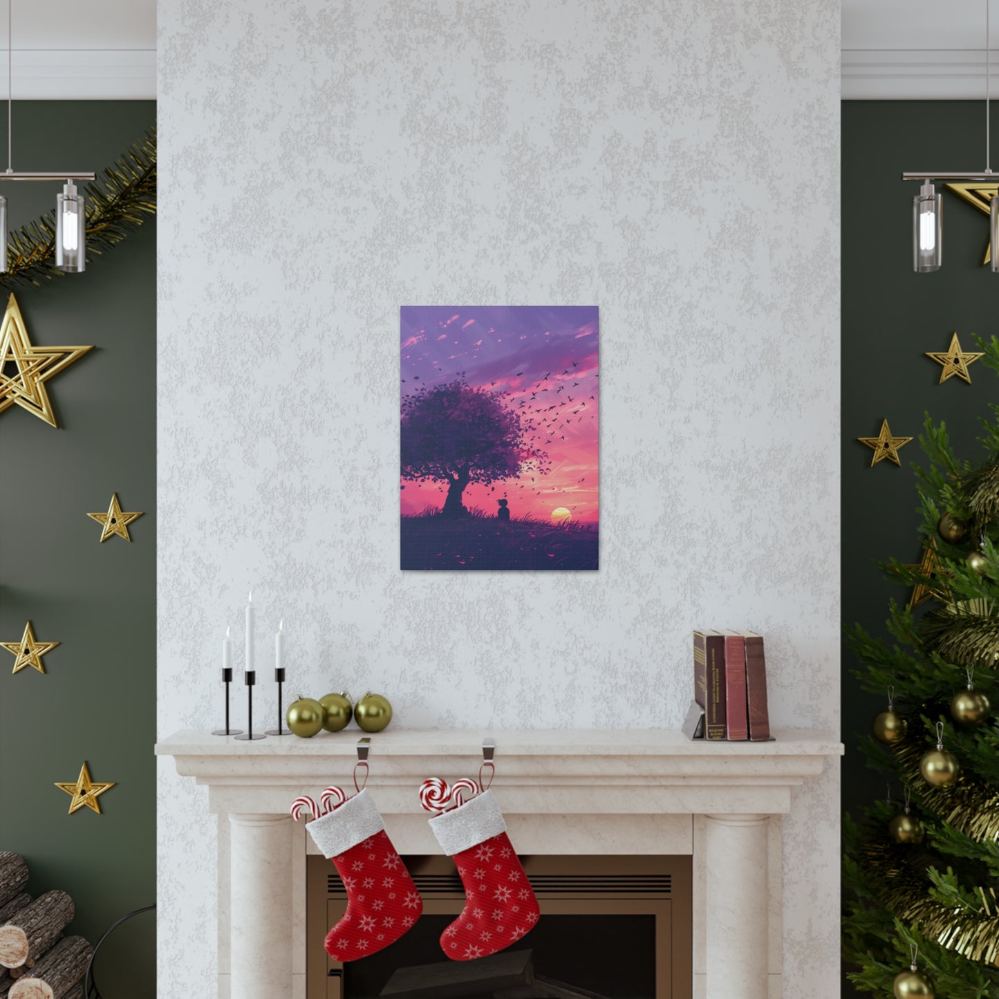 Tree in a Purple Sunset Digital Illustration Canvas Gallery Wraps