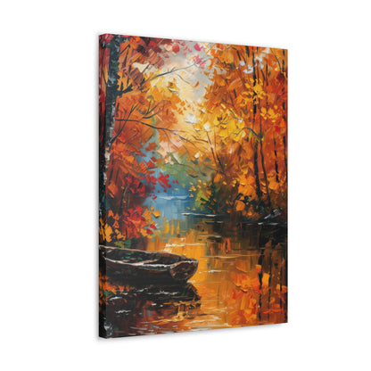 Boat in river side which flows through autumn forest - Leonid Afremov Style Digital Print Canvas Gallery Wraps