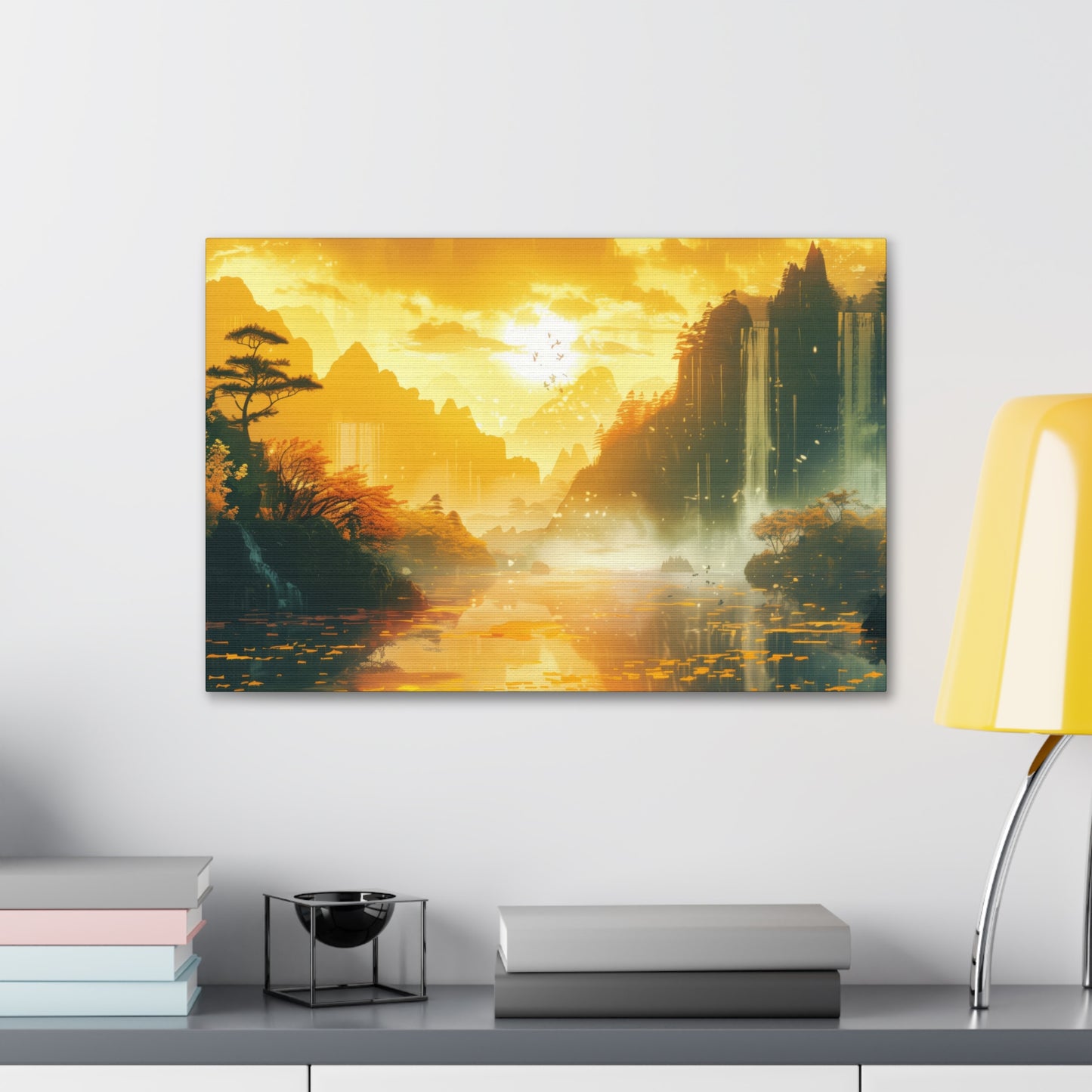 Dreamy Landscape Sunset with Waterfall and Mountains - Digital Illustration Canvas Gallery Wraps