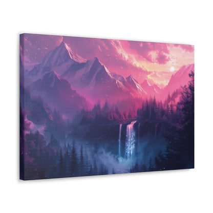 Dreamy Landscape Sunset with Waterfall and Mountains - Digital Illustration Canvas Gallery Wraps