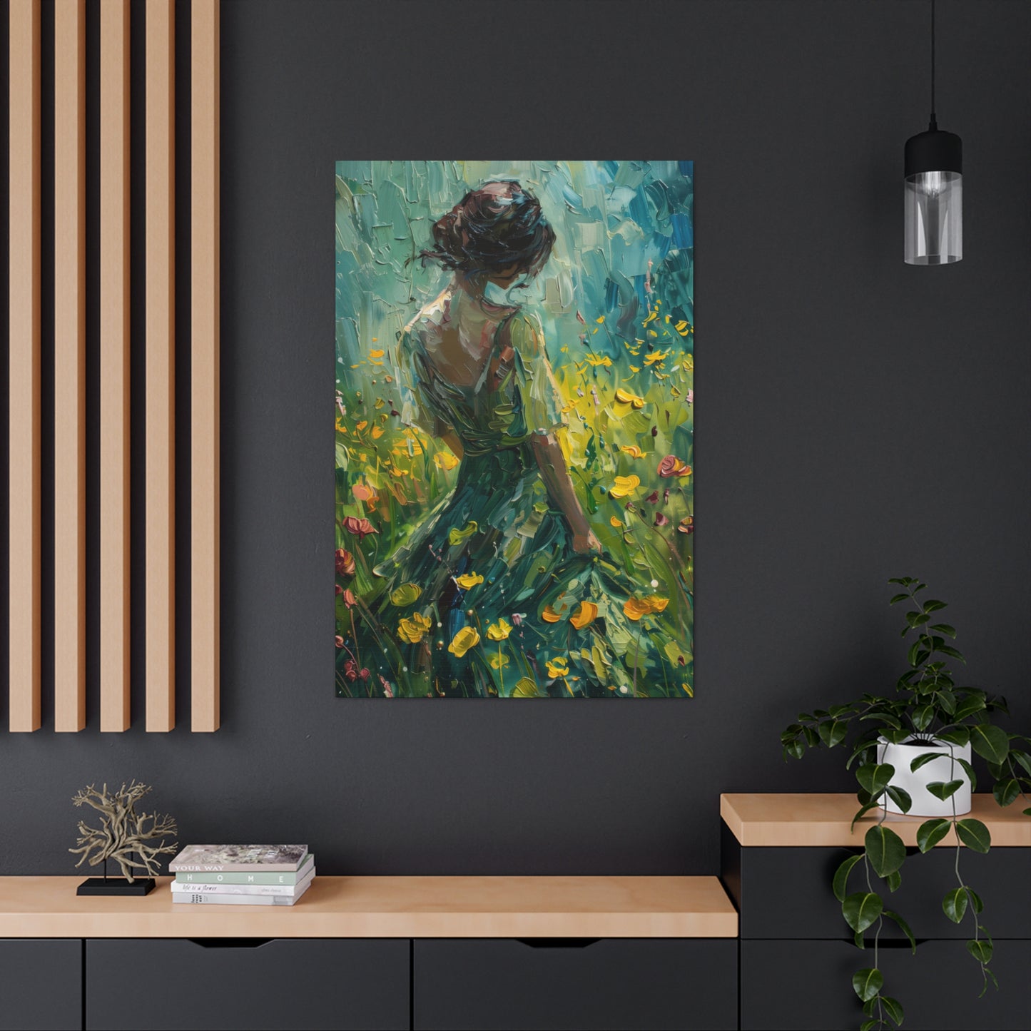 girl in a flower field wearing a green dress Digital Oil Painting Print Canvas Gallery Wraps