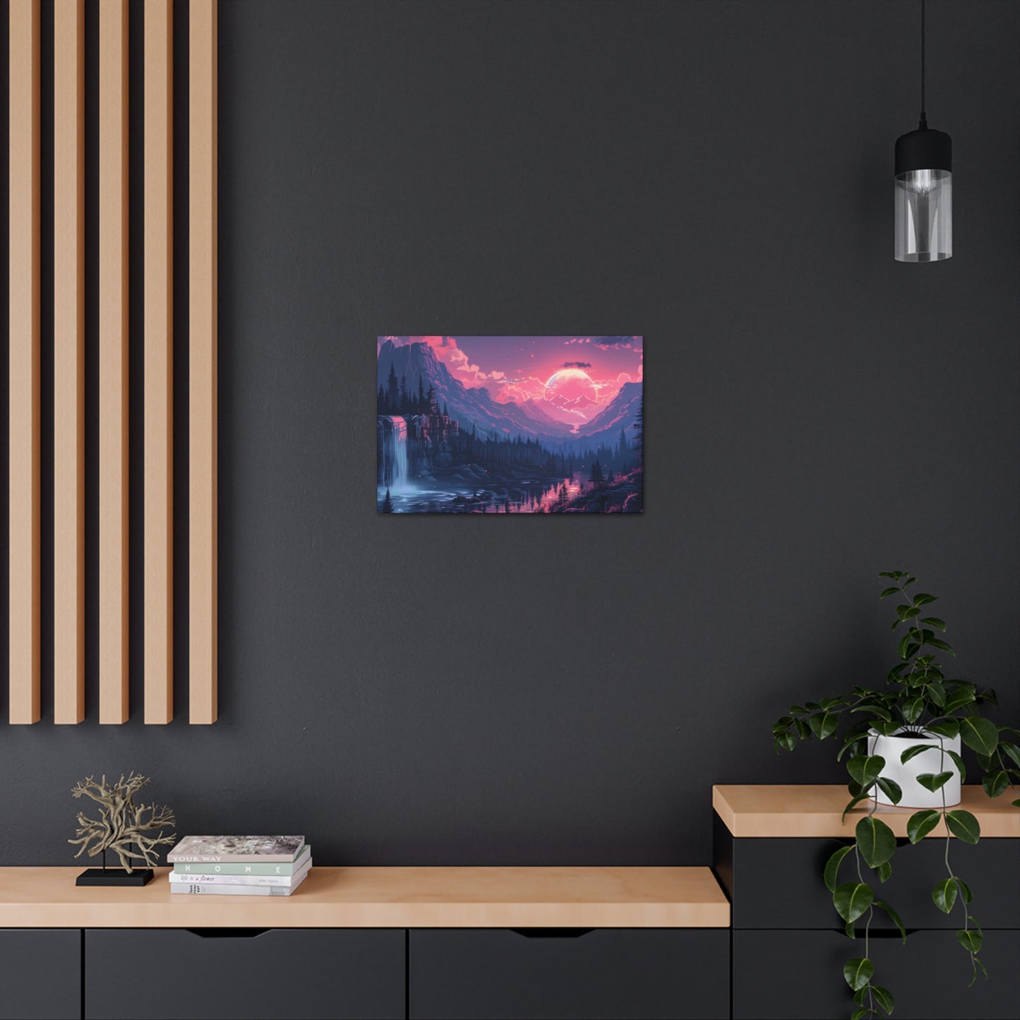 Dreamy Landscape Sunset with Waterfall and Mountains -  Digital Illustration Canvas Gallery Wraps