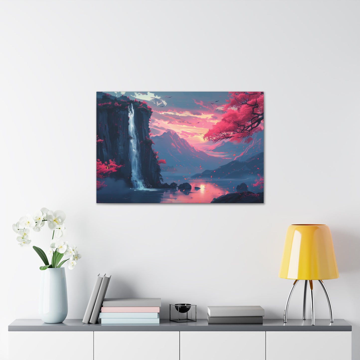 Dreamy Landscape with Waterfall and Mountains - Purple Evening Digital Illustration Canvas Gallery Wraps