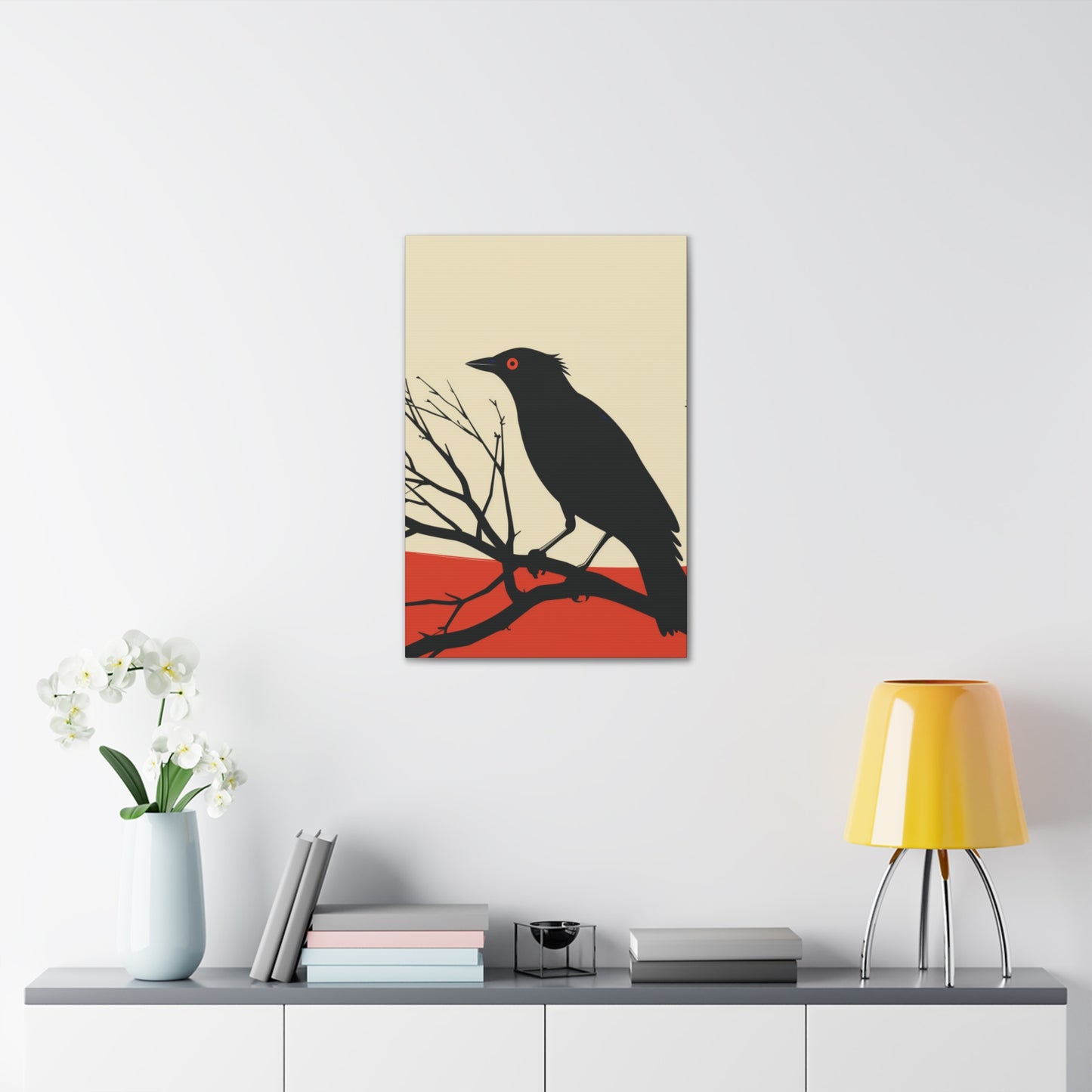 Black Bird Sitting on a Branch Digital Illustration Canvas Gallery Wraps