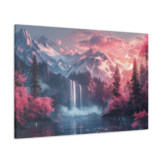 Dreamy Landscape Sunset with Waterfall and Mountains - Digital Illustration Canvas Gallery Wraps