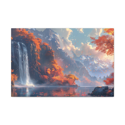 Dreamy Landscape Sunset with Waterfall and Mountains - Digital Illustration Canvas Gallery Wraps