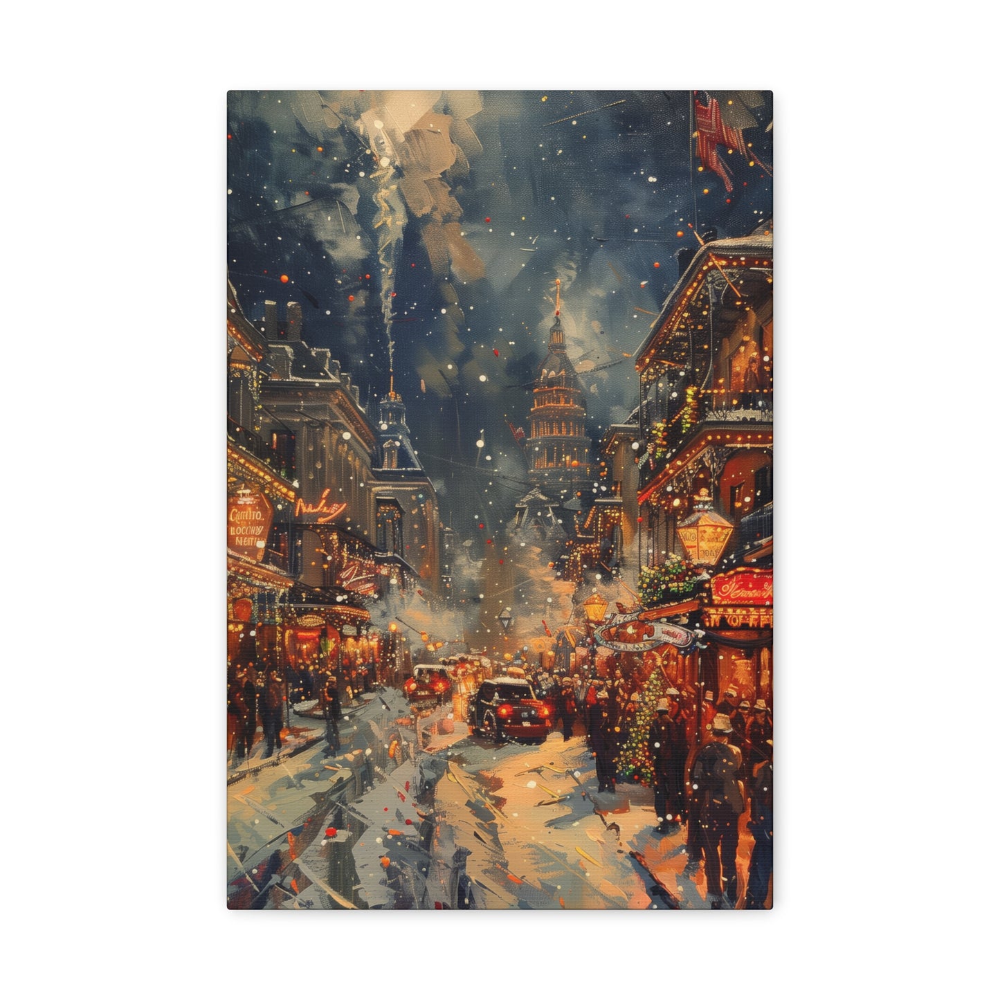 Christmas Street Corner in Downtown - Rembrandt Style Digital Oil Painting Canvas Gallery Wraps