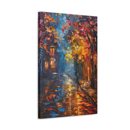 Nighttime Street in Autumn - Leonid Afremov Style Digital Oil Painting Canvas Gallery Wraps