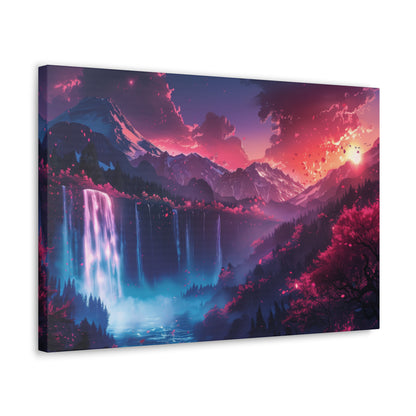 Dreamy Landscape Sunset with Waterfall and Mountains - Digital Illustration Canvas Gallery Wraps