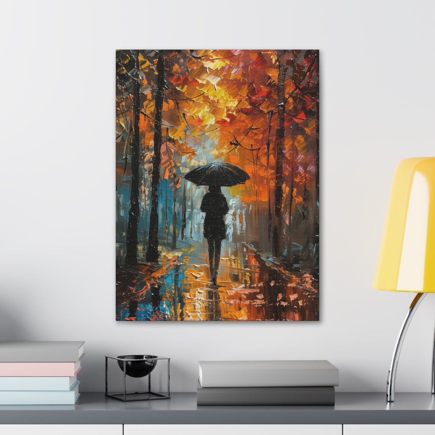 girl with an umbrella walking through forest road - Leonid Afremov Style Digital Print Canvas Gallery Wraps