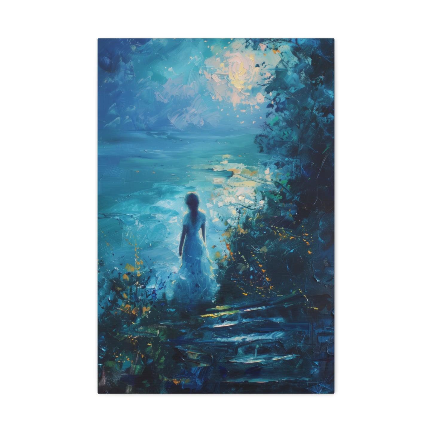 Woman looking at sea night time Digital Oil Painting Print Canvas Gallery Wraps