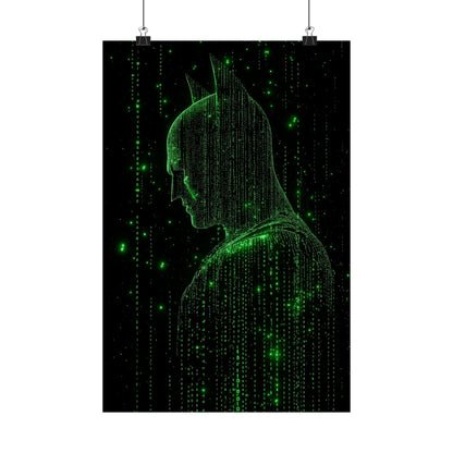 Neon Code Vigilante: 3D Glitch Batman Matrix Effect - Digital Illustration Matte Vertical Poster