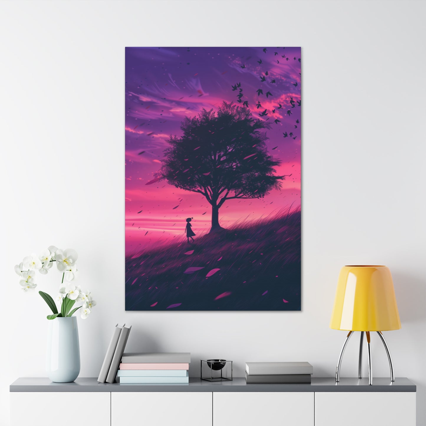 Tree in a Purple Sunset Digital Illustration Canvas Gallery Wraps