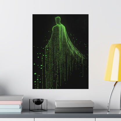 Neon Code Guardian: 3D Glitch Superman Matrix Effect - Digital Illustration Matte Vertical Poster