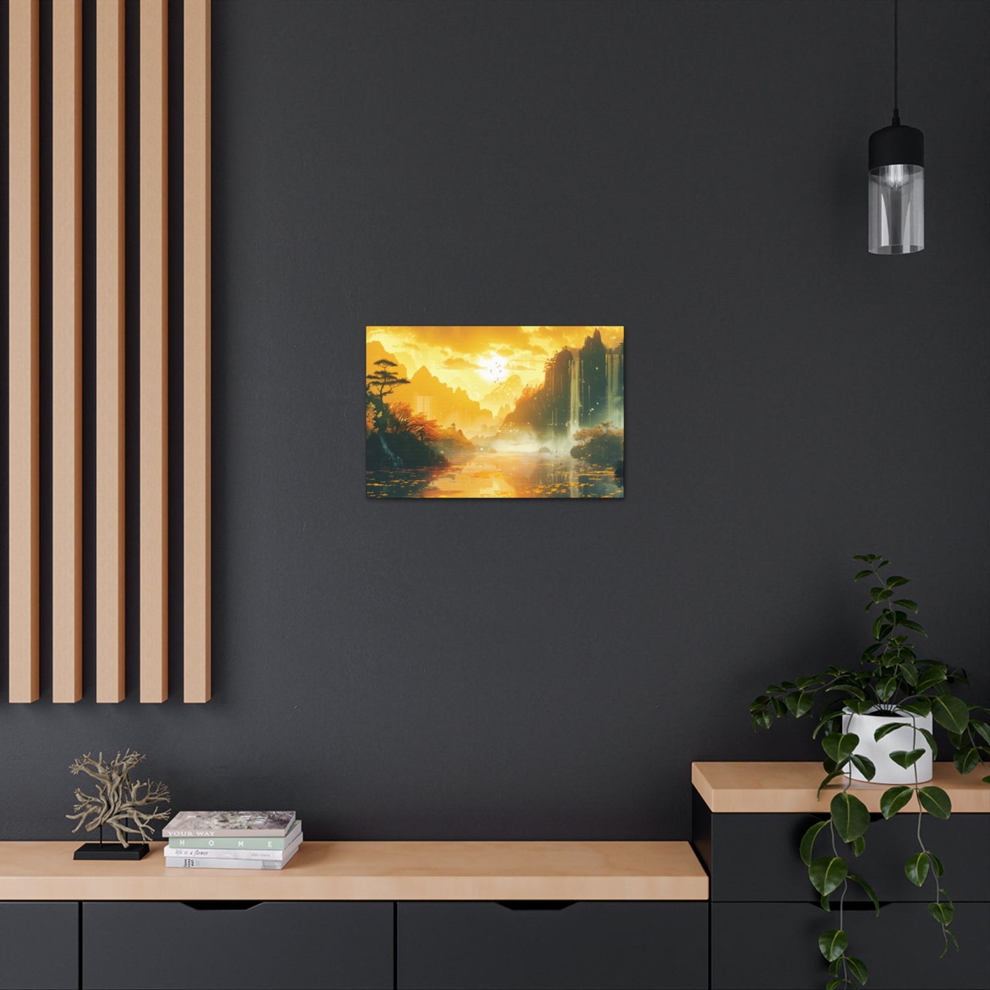 Dreamy Landscape Sunset with Waterfall and Mountains - Digital Illustration Canvas Gallery Wraps