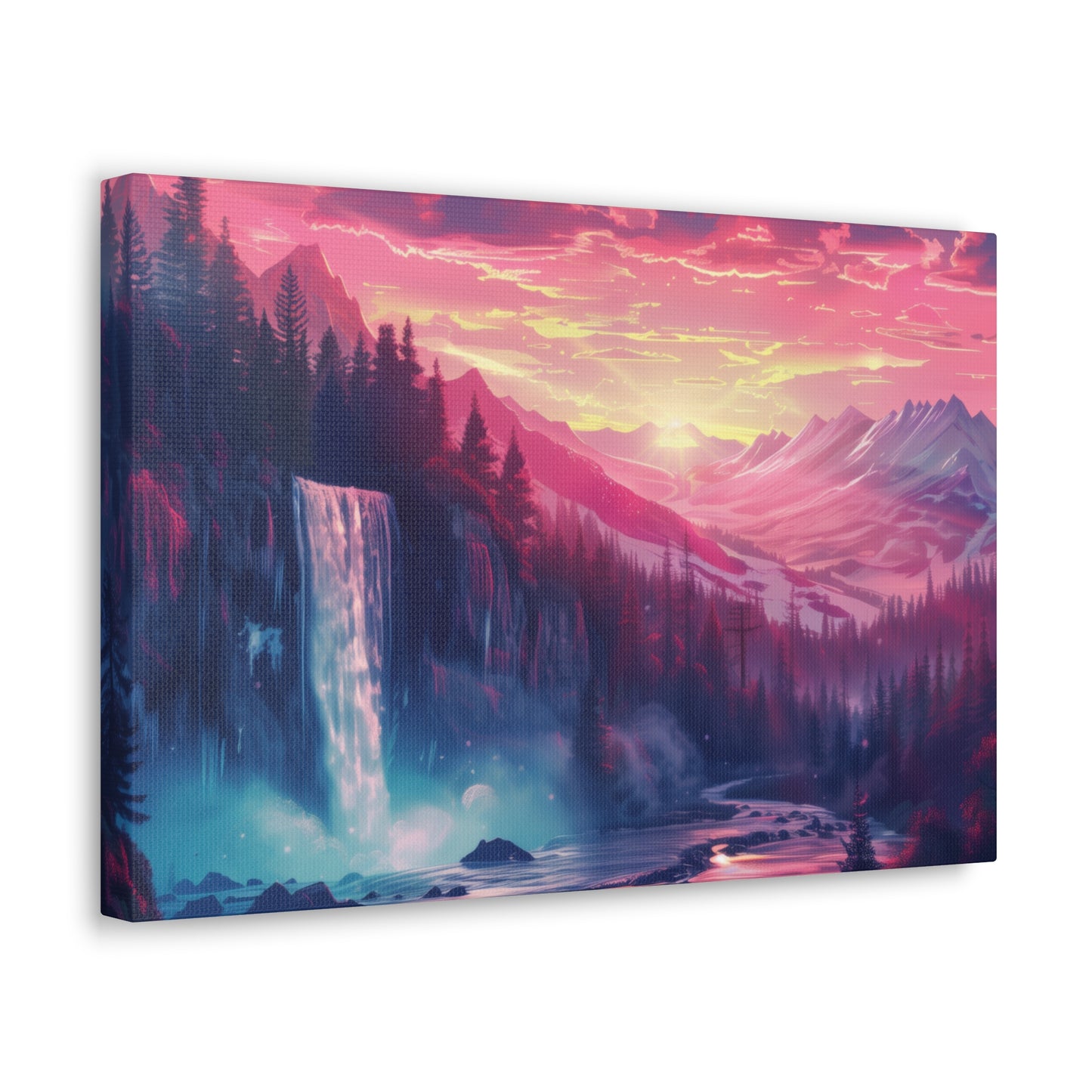 Dreamy Landscape with Waterfall and Mountains - Purple Evening Digital Illustration Canvas Gallery Wraps