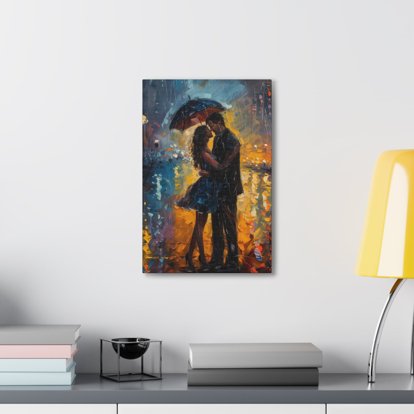 couple in the city streets in a rainy day with umbrella - Leonid Afremov Style Digital Print Canvas Gallery Wraps