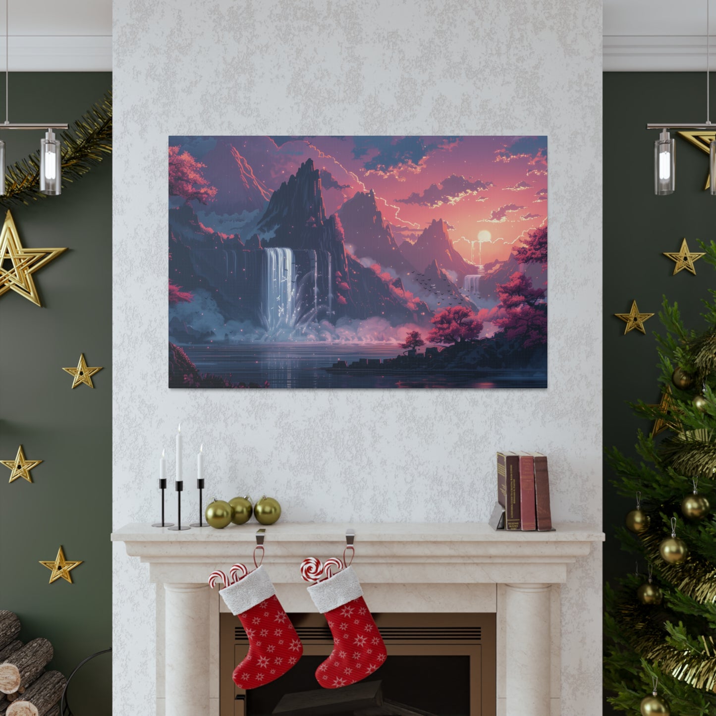 Dreamy Landscape Sunset with Waterfall and Mountains - Digital Illustration Canvas Gallery Wraps