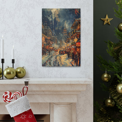 Christmas Street Corner in Downtown - Rembrandt Style Digital Oil Painting Canvas Gallery Wraps