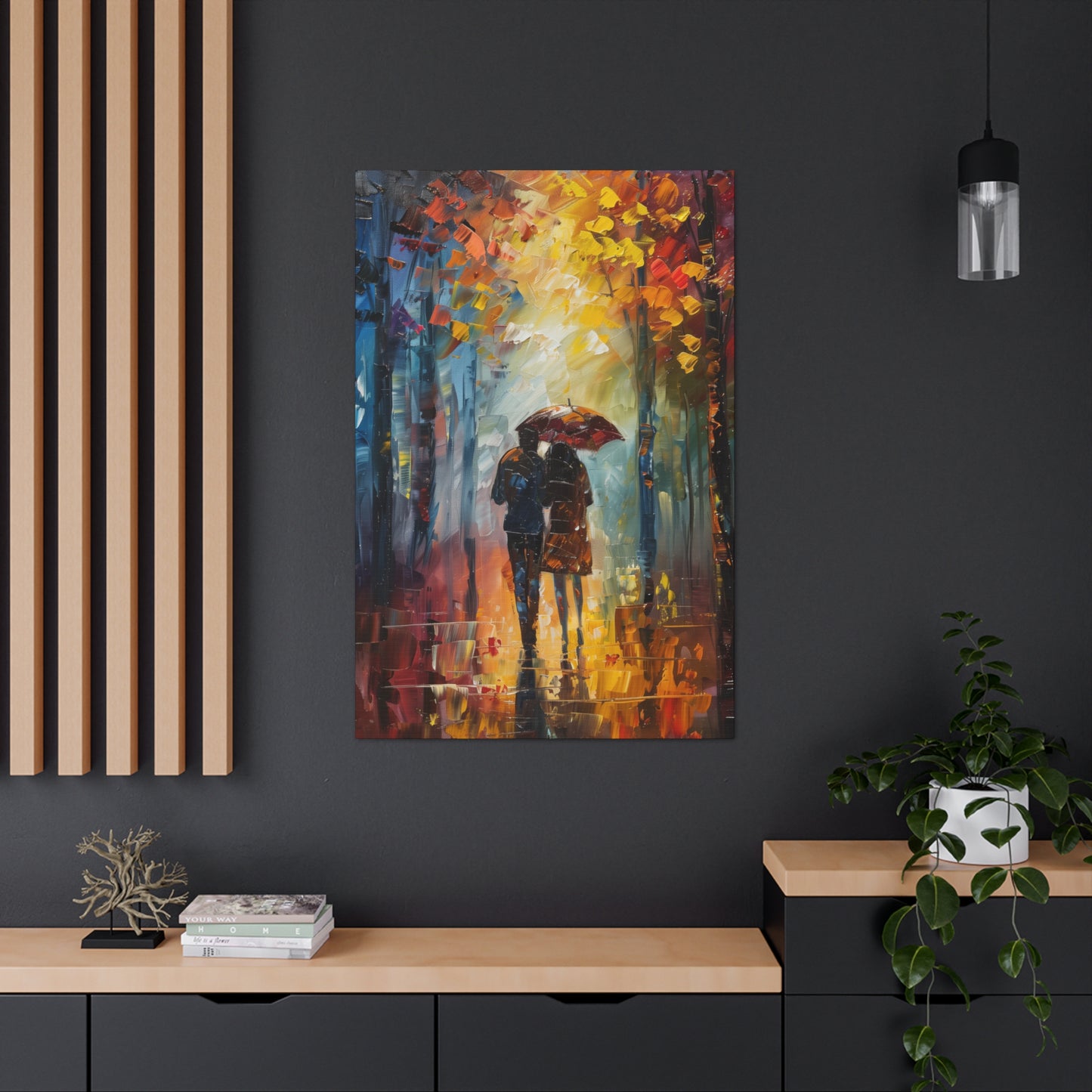 Couple Walking in the Street with Umbrella - Leonid Afremov Style Digital Oil Painting Canvas Gallery Wraps