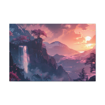 Dreamy Landscape with Waterfall and Mountains - Purple Evening Digital Illustration Canvas Gallery Wraps