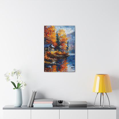 a house near the river which flows through autumn forest - Leonid Afremov Style Digital Print Canvas Gallery Wraps