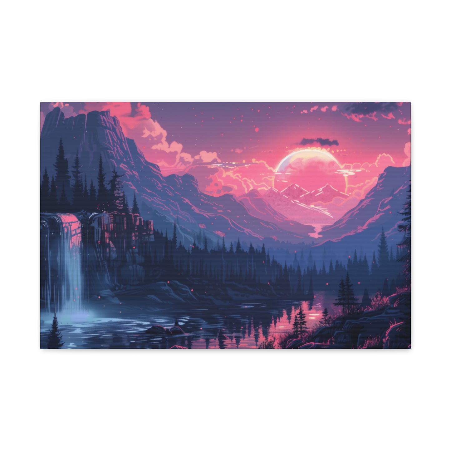 Dreamy Landscape Sunset with Waterfall and Mountains -  Digital Illustration Canvas Gallery Wraps