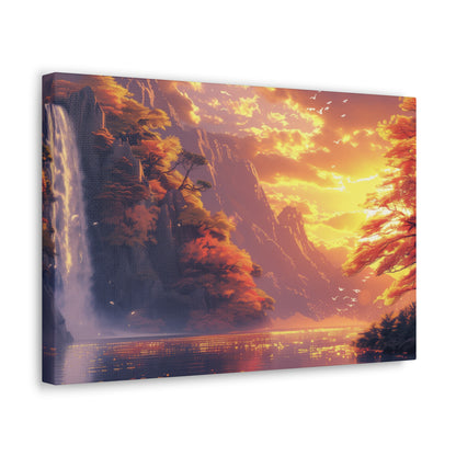 Dreamy Landscape - Waterfall and Mountains in Golden Morning Illustration Canvas Gallery Wraps