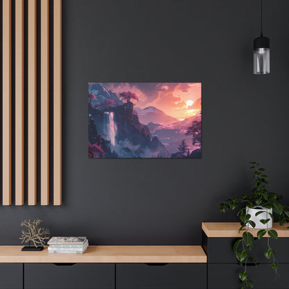 Dreamy Landscape with Waterfall and Mountains - Purple Evening Digital Illustration Canvas Gallery Wraps