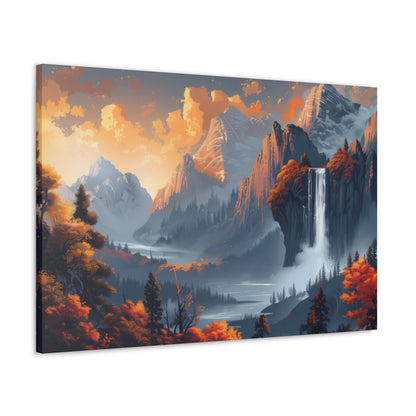 Dreamy Landscape Morning with Waterfall and Mountains - Digital Illustration Canvas Gallery Wraps