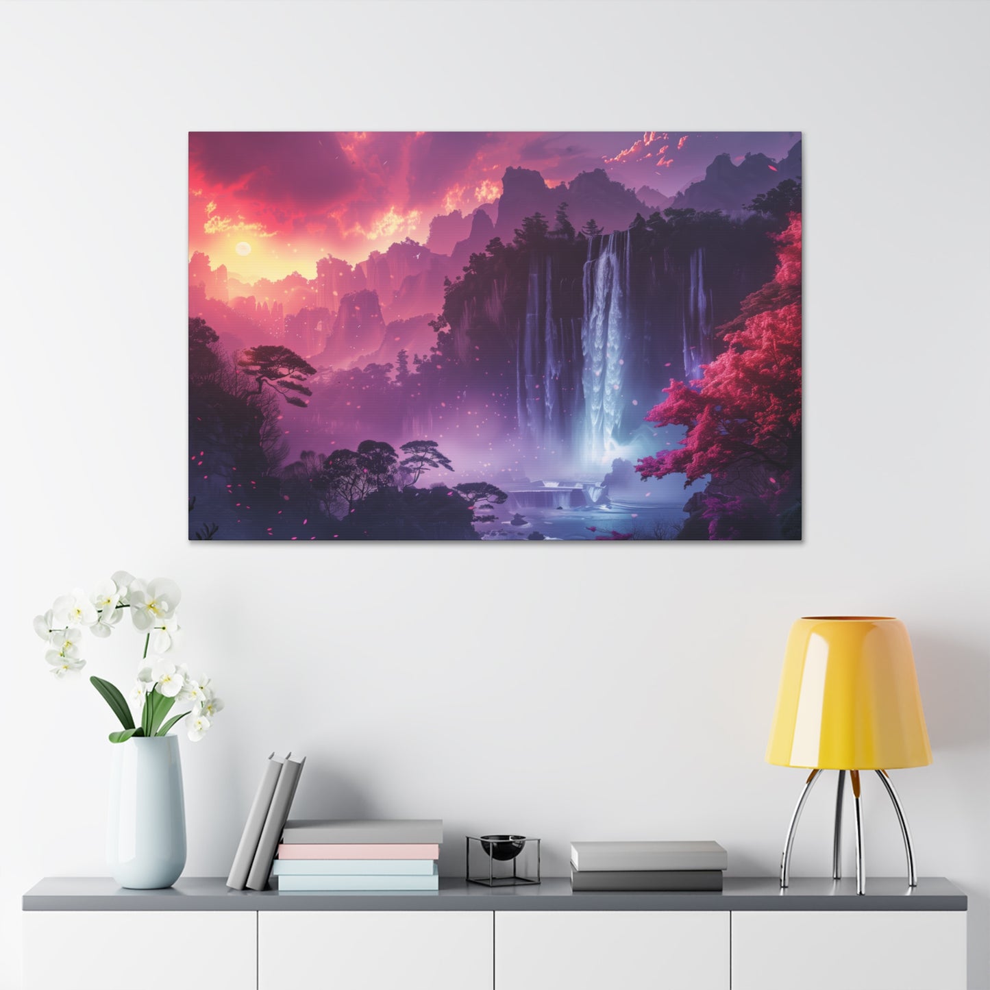 Dreamy Landscape Sunset with Waterfall and Mountains - Digital Illustration Canvas Gallery Wraps