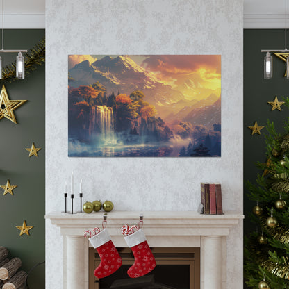 Dreamy Landscape Sunset with Waterfall and Mountains - Digital Illustration Canvas Gallery Wraps