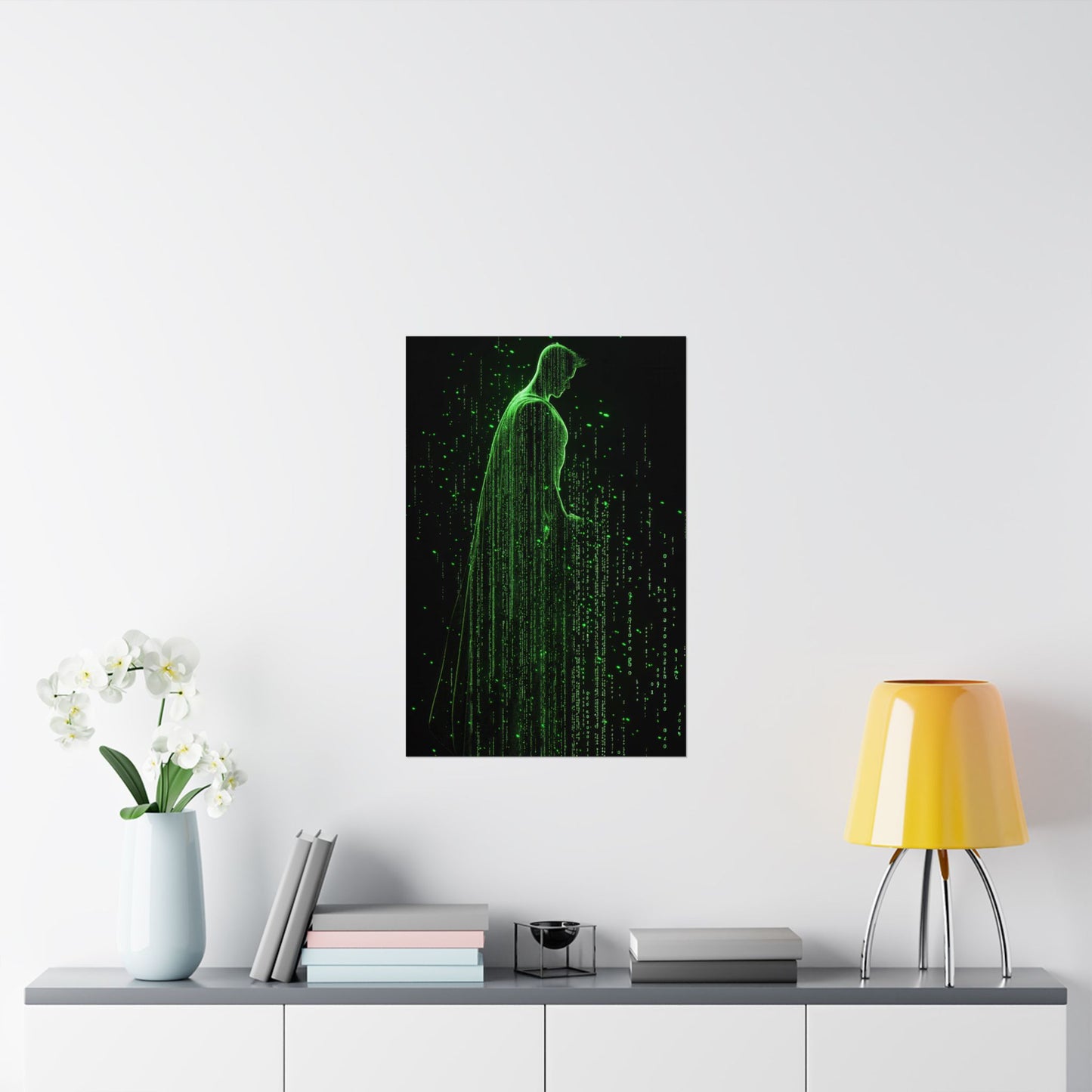 Neon Code Guardian: 3D Glitch Superman Matrix Effect - Digital Illustration Matte Vertical Poster